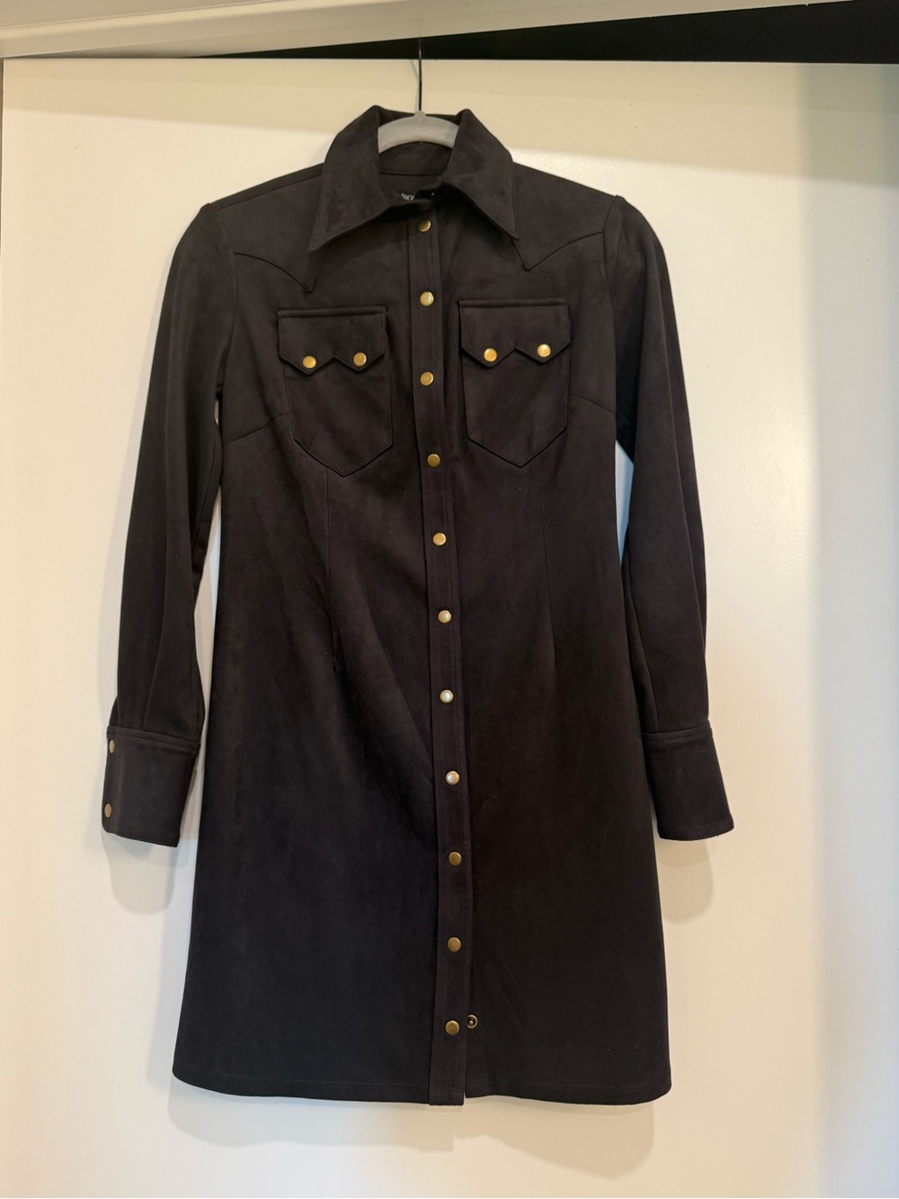 Black Suede Long-Sleeve Western Shirt Dress with Gold Snaps